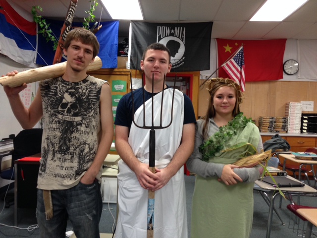 Students playing the role of Greek Gods and Goddesses for their skits they created.